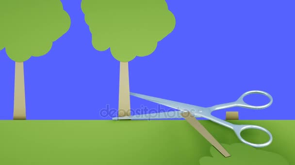 Deforestation. Paper forest destruction of metal scissors. Creative ecology concept. Realistic 4K animation. Green screen isolate. — Stock Video