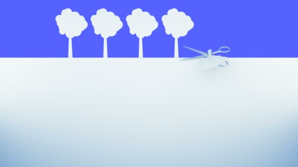 Ontbossing. Papier bos vernietiging van metaal schaar. Creatieve ecologie concept. Realistische animaties voor 4 k. Groen scherm isolaat. — Stockvideo