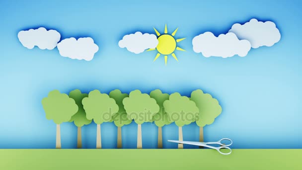 la déforestation. Papier forêt destruction de ciseaux métalliques. Concept d'écologie créative. Animation 4K réaliste .