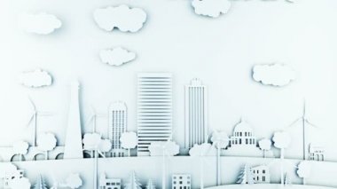 Rüzgar güç türbinleri ile kağıt karikatür şehir. Ekolojik kavram. Gerçekçi 4 k animasyon.