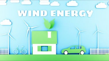 Çizgi film ana sayfa güç türbinleri rüzgar ile kağıt. Ekolojik kavram. Gerçekçi 4 k animasyon.