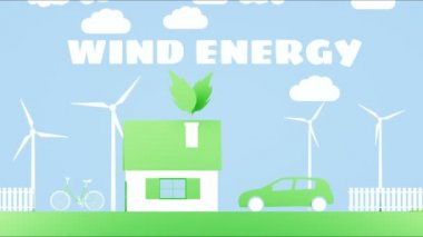 Çizgi film ana sayfa güç türbinleri rüzgar ile kağıt. Ekolojik kavram. Gerçekçi 4 k animasyon.