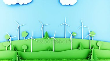 Kağıt karikatür manzara rüzgar güç türbinleri ile. Ekolojik kavram. Gerçekçi 4 k animasyon.