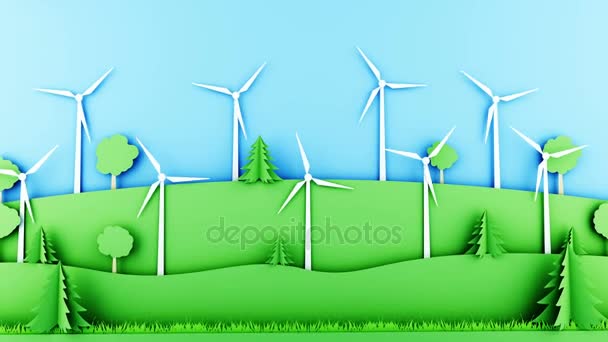 Бумажный мультяшный пейзаж с ветровыми турбинами. Экологическая концепция. Реалистичная анимация 4k . — стоковое видео