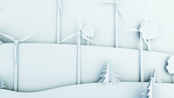 Paisaje de dibujos animados de papel con turbinas eólicas. Concepto ecológico. Animación realista 4k . — Vídeo de stock
