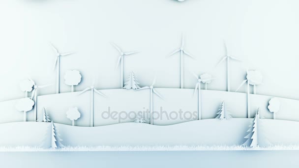 Papier cartoon landschap met wind power turbines. Ecologische concept. Realistische 4 k-animatie. — Stockvideo