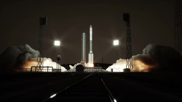 Animación de lanzamiento de cohetes. Sistema de lanzamiento espacial. Buenas noches. Animación realista 4k . — Vídeo de stock