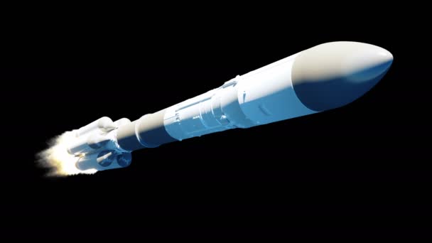 飞行火箭与阿尔法面具。火箭的火。逼真的4k 动画. — 图库视频影像