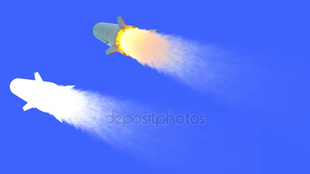 Vliegende nucleaire ballistische raket met alpha masker. Vuur van de raket. Realistische animaties voor 4 k. Groen scherm isolaat. — Stockvideo
