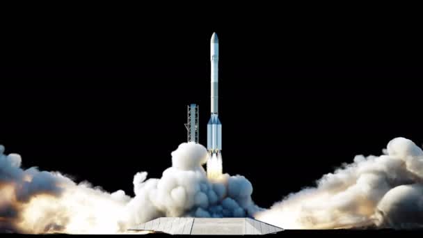 로켓 발사 애니메이션입니다. 격리. 알파 매트입니다. 공간 발사 시스템입니다. 현실적인 4 k 애니메이션. — 비디오