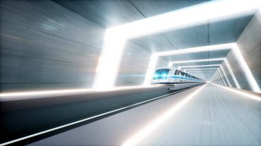 Fütürist modern tren, monoray sürüşü bilim kurgu tüneli, koridor. Gelecek kavramı. 3d oluşturma.