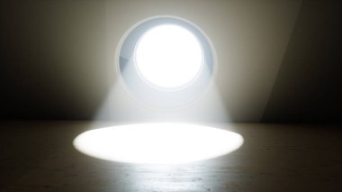 Yuvarlak pencereli gelecek odası. Ses ötesi ışık. Gelecek konsepti. 3B Hazırlama,