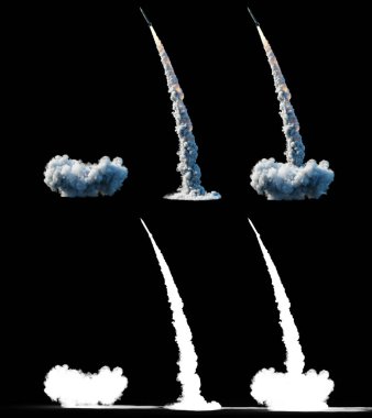 Nükleer balistik roket, karmaşık. Fırlatma roketi, toz. İzole et. 3D render.