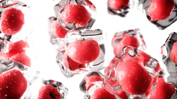 アイスキューブのトマト。食べ物と放送の概念。現実的な氷の材料。3Dレンダリング. — ストック写真