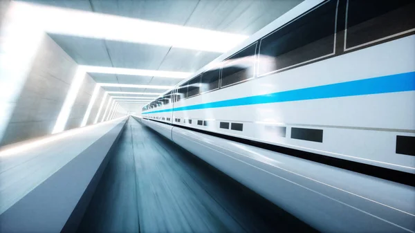Futuristico treno moderno, monorotaia guida veloce in tunnel fantascientifico, coridor. Concetto di futuro. rendering 3d. — Foto Stock