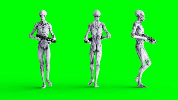 Alienígena isolada no ecrã verde. Conceito de OVNI. Renderização 3D realista . — Fotografia de Stock
