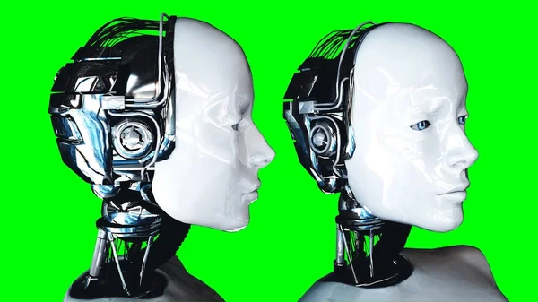 未来的人形女机器人在绿屏上隔离。逼真的3d 渲染. — 图库照片
