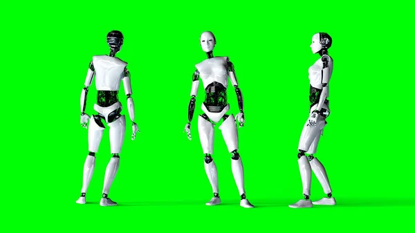 Futuristische humanoïde vrouwelijke robot isoleren op groen scherm. Realistische 3D-rendering. — Stockfoto