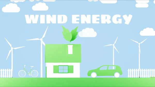 Desenhos animados de papel casa com turbinas eólicas. Conceito ecológico. Renderização 3d . — Fotografia de Stock