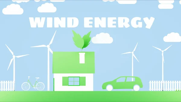 Paper cartoon home with wind power turbines. Ecological concept. 3d rendering. — Stock Photo, Image