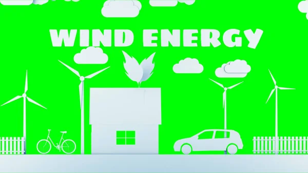 Paper cartoon home with wind power turbines. Ecological concept. 3d rendering.