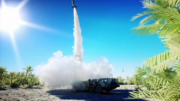 Nuclear ballistic rocket, complex. Launch rocket, dust. 3d rendering.