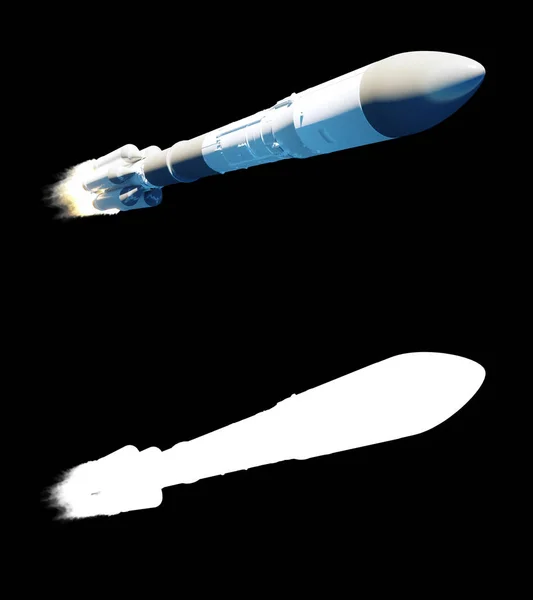 Fliegenden Rakete mit Alphamaske. Raketenbeschuss. 3D-Darstellung. — Stockfoto