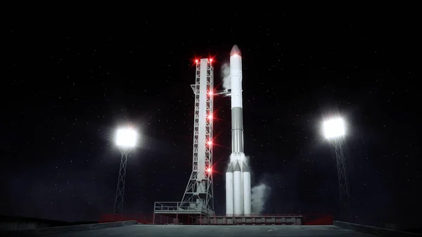 Cohete antes del comienzo. Sistema de lanzamiento espacial. renderizado 3d . — Foto de Stock