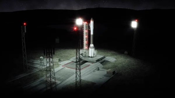 Raket innan start. Space launch system. 3D-rendering. — Stockfoto