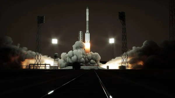 Animação de lançamento de foguetes. Luz do dia. Sistema de lançamento espacial. Renderização 3d . — Fotografia de Stock