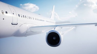 Yolcu uçan uçak. Gün ışığı, bulutlar. Bir uçak yoğunlaşma izleri. 3D render.