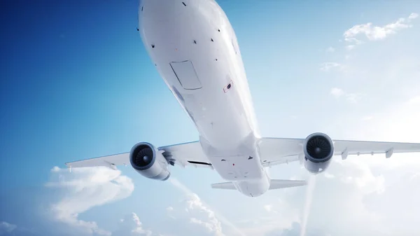 Passenger flying Plane . Daylight, clouds. A condensation trail of an airplane. 3d rendering.