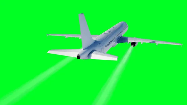 Avião voador de passageiros. Isolar tela verde. .. Um rasto de condensação de um avião. Renderização 3d . — Fotografia de Stock