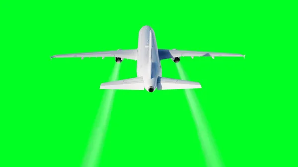 Vliegende passagiersvliegtuig. Isoleren groen scherm. . Het parcours van een condensatie van een vliegtuig. 3D-rendering. — Stockfoto