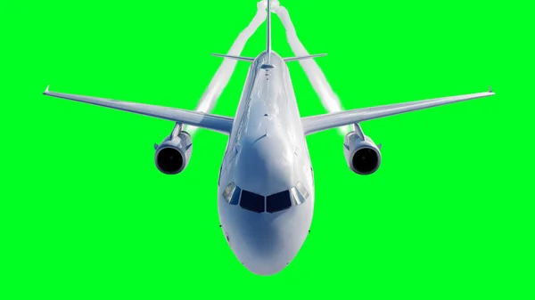 Avião voador de passageiros. Isolar tela verde. .. Um rasto de condensação de um avião. Renderização 3d . — Fotografia de Stock