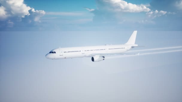 Passagiers vliegen vliegtuig animatie. Daglicht, wolken. Het parcours van een condensatie van een vliegtuig. Realistische 4 k-animatie. — Stockvideo
