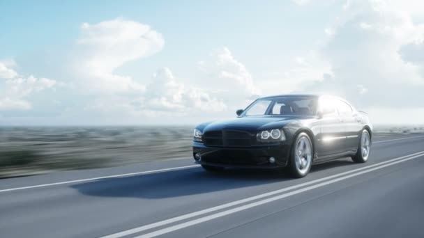 Zwarte luxeauto op weg, snelweg. Daglicht. Zeer snel rijden. Realistische 4 k-animatie. — Stockvideo