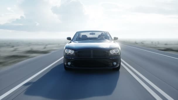 Carro de luxo preto na estrada, estrada. Luz do dia. Uma condução muito rápida. Animação 4k realista . — Vídeo de Stock