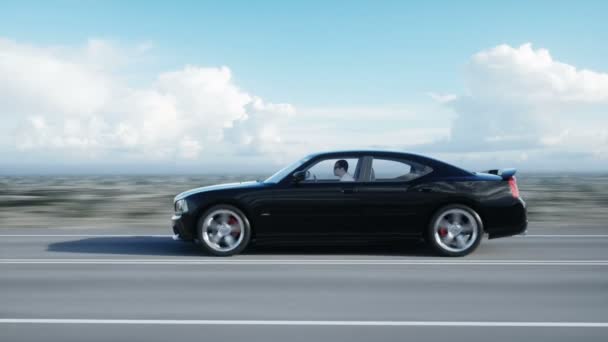 Maşină neagră de lux pe şosea, autostradă. Lumina zilei. Conducere foarte rapidă. Animație realistă 4k . — Videoclip de stoc