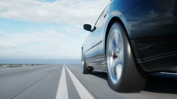Svart lyxbil på väg, motorväg. Dagsljus. Mycket snabb körning. Realistisk 4 k animation. — Stockvideo