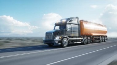 Benzin tankeri, petrol treyler, kamyon karayolu üzerinde. Çok hızlı araba. Gerçekçi 4 k animasyon. Petrol kavramı.
