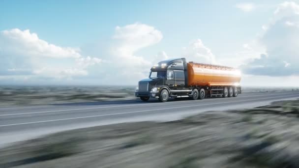 Tanker benzinu, oleje přívěsu kamionu na dálnici. Velmi rychlé jízdy. Realistické 4 k animaci. Koncept ropy.