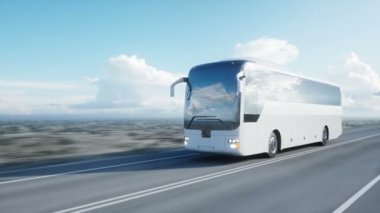 Beyaz Turist otobüsü yolda, otoyol. Çok hızlı araba. Turistik ve seyahat kavramı. gerçekçi 4 k animasyon.