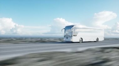 Beyaz Turist otobüsü yolda, otoyol. Çok hızlı araba. Turistik ve seyahat kavramı. gerçekçi 4 k animasyon.