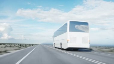 Beyaz Turist otobüsü yolda, otoyol. Çok hızlı araba. Turistik ve seyahat kavramı. gerçekçi 4 k animasyon.