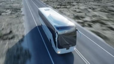 Beyaz Turist otobüsü yolda, otoyol. Çok hızlı araba. Turistik ve seyahat kavramı. gerçekçi 4 k animasyon.