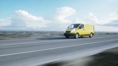 Sarı teslim van karayolu üzerinde. Çok hızlı araba. Taşıma ve lojistik kavramı. Gerçekçi 4 k animasyon.