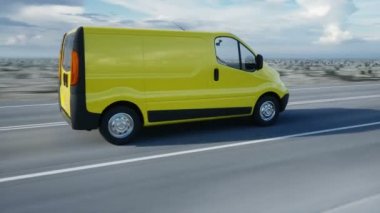 Sarı teslim van karayolu üzerinde. Çok hızlı araba. Taşıma ve lojistik kavramı. Gerçekçi 4 k animasyon.