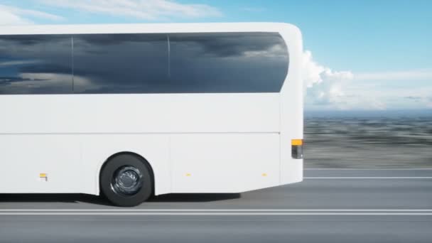 Tourist white bus on the road, highway. Very fast driving. Touristic and travel concept. realistic 4k animation. — Stock Video