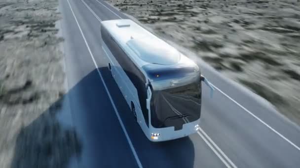 Λευκό τουριστικό λεωφορείο στο δρόμο, τον αυτοκινητόδρομο. Πολύ γρήγορη οδήγηση. Τουριστικών και ταξιδιωτικών έννοια. ρεαλιστικό animation 4 k. — Αρχείο Βίντεο